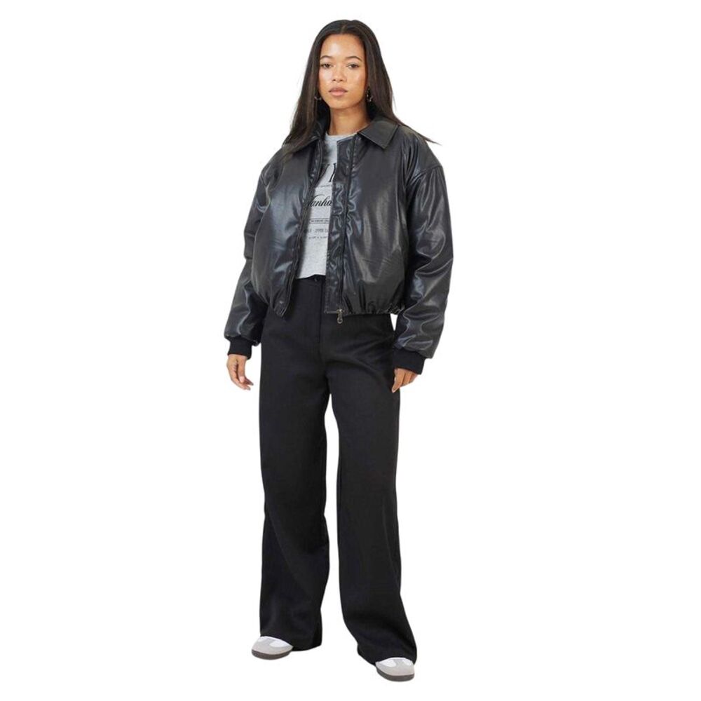 Brave Soul Womens/Ladies Faux Leather Collared Oversized Bomber Jacket / Black
